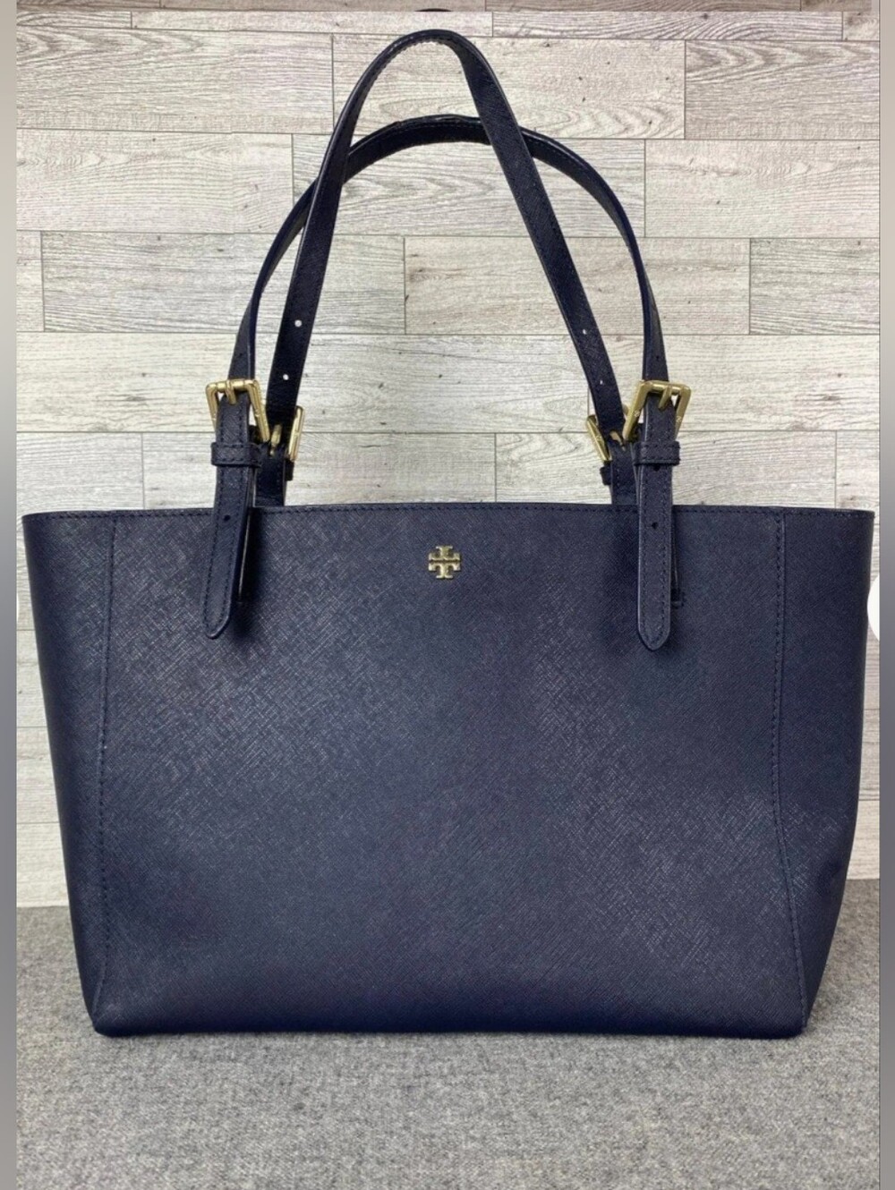 Tory Burch Navy Textured Leather Double-Handle Tote with Gold Hardware
